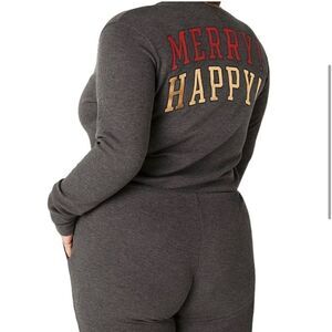VS PINK Grey Thermal Holiday Merry Happy Drawstring Pajama Onesie w/ Pockets